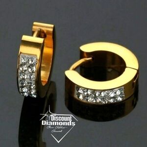 18K Gold White Baguette Diamond Hoop / Huggie Earrings on Stainless Steel